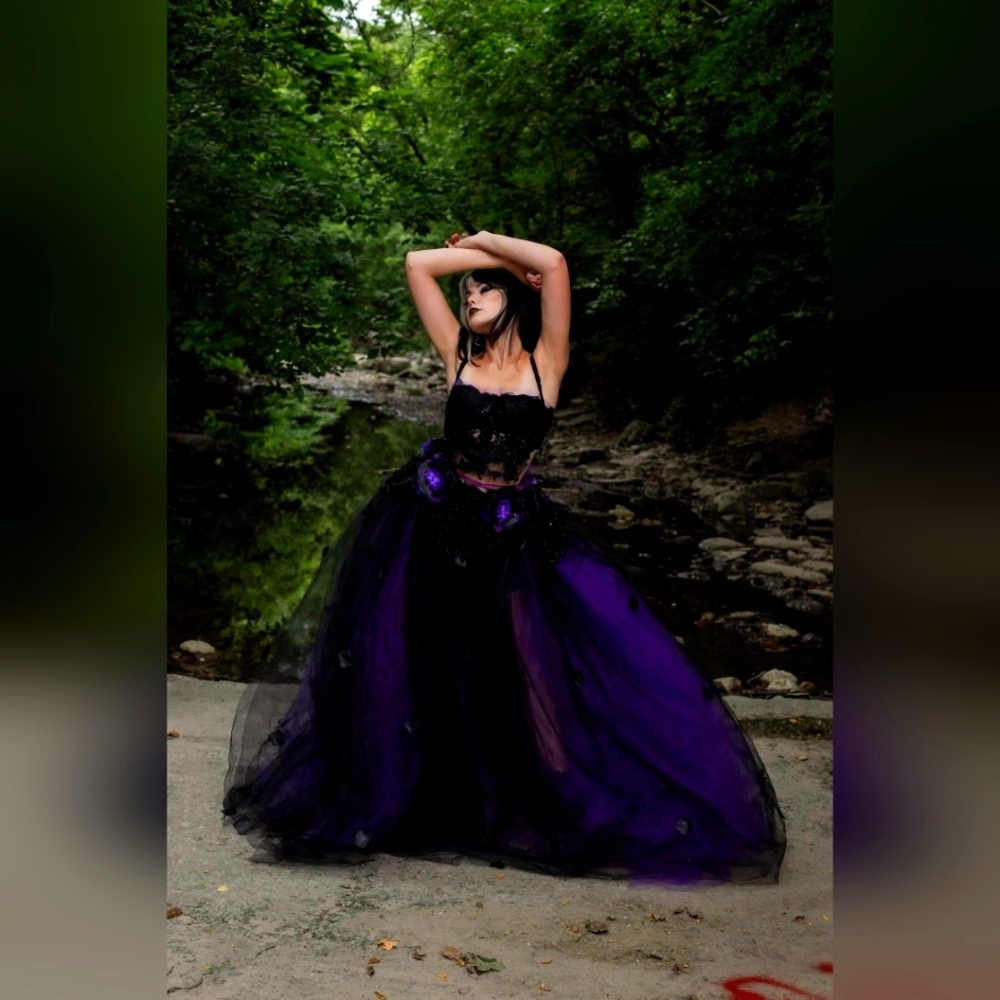 "LADY ANA" Custom Order Black & Purple Rose Petal Tulle Wedding Ballgown Set - Picture 4 of 13
